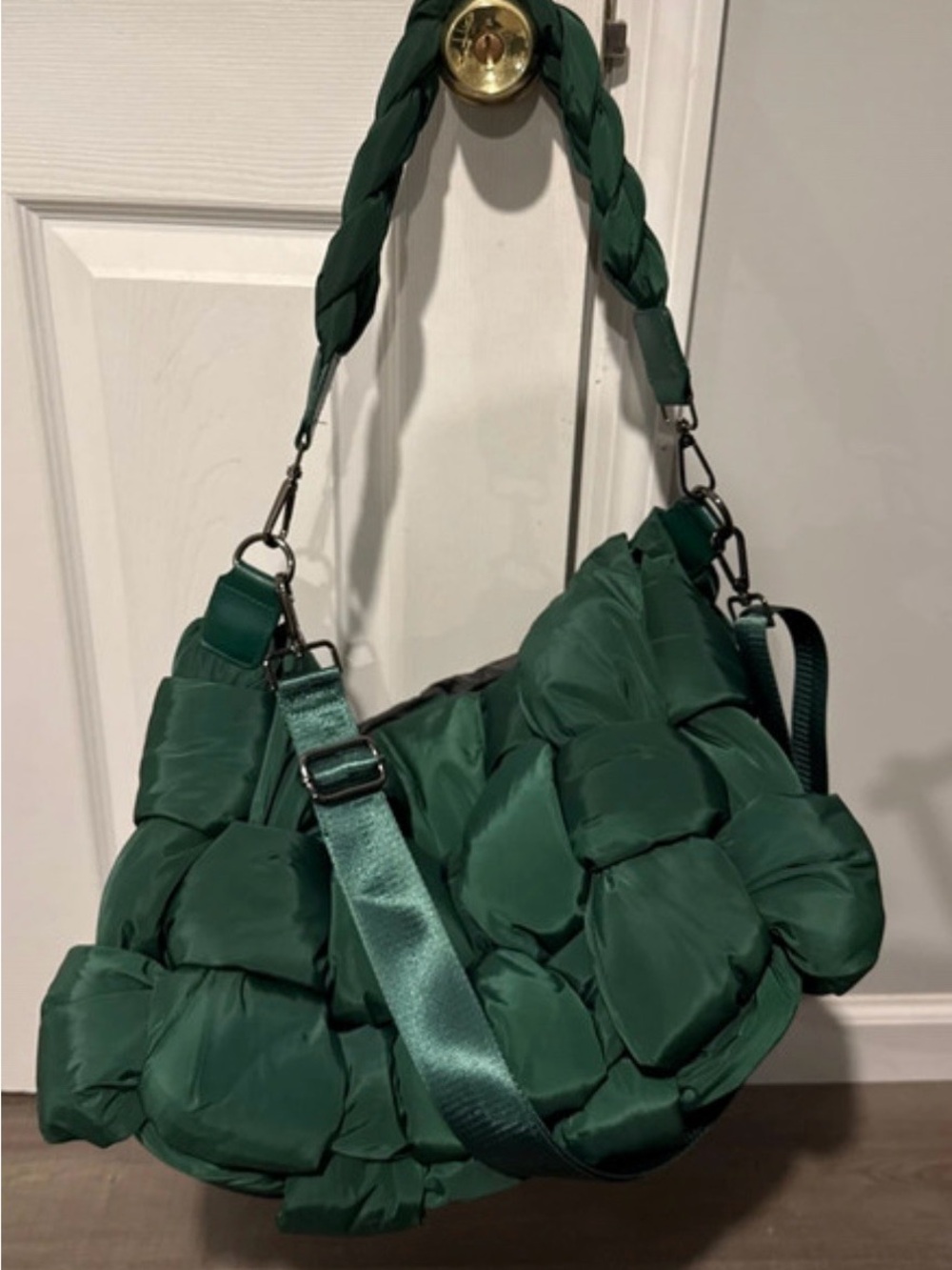 Braided-Handle Quilted Shoulder Bag in Forest Green